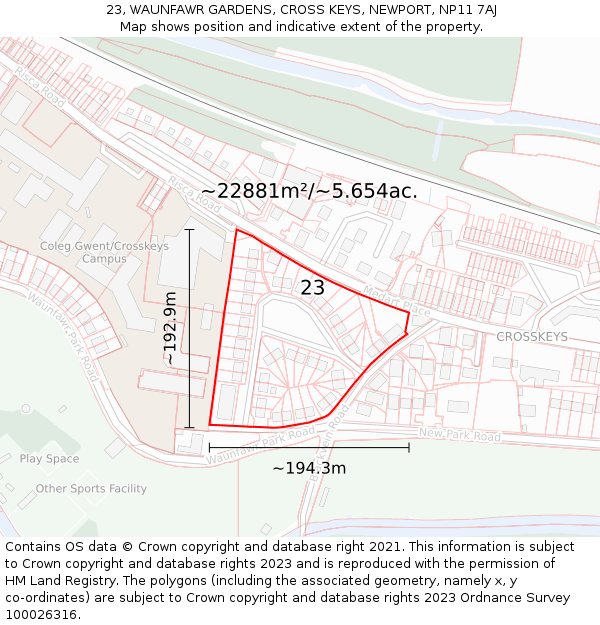 23, WAUNFAWR GARDENS, CROSS KEYS, NEWPORT, NP11 7AJ: Plot and title map