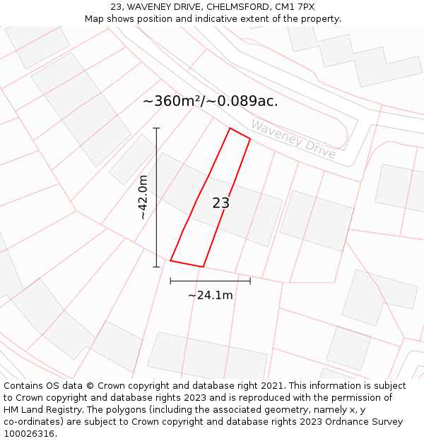 23, WAVENEY DRIVE, CHELMSFORD, CM1 7PX: Plot and title map