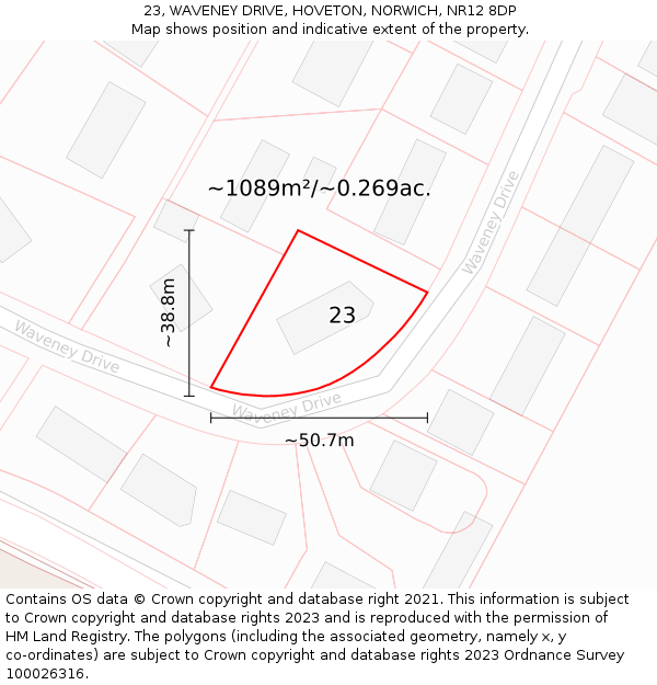 23, WAVENEY DRIVE, HOVETON, NORWICH, NR12 8DP: Plot and title map