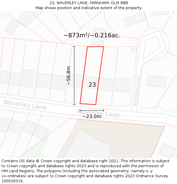 23, WAVERLEY LANE, FARNHAM, GU9 8BB: Plot and title map