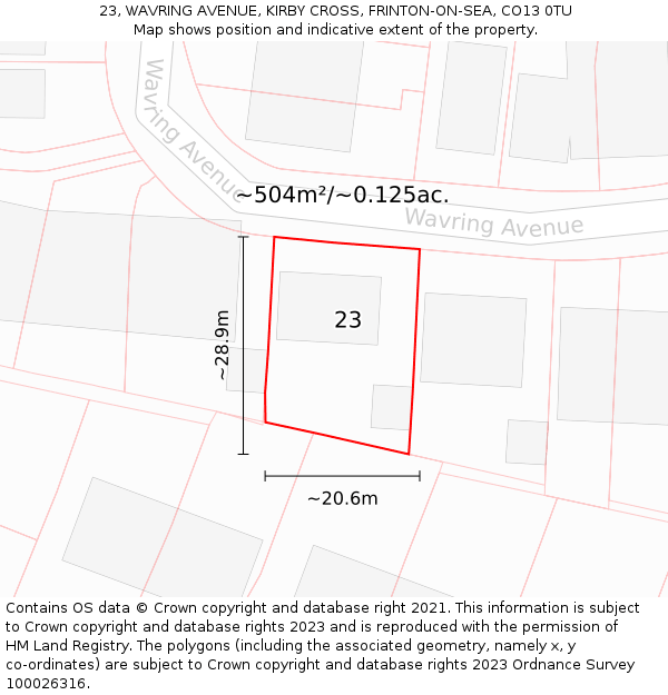 23, WAVRING AVENUE, KIRBY CROSS, FRINTON-ON-SEA, CO13 0TU: Plot and title map