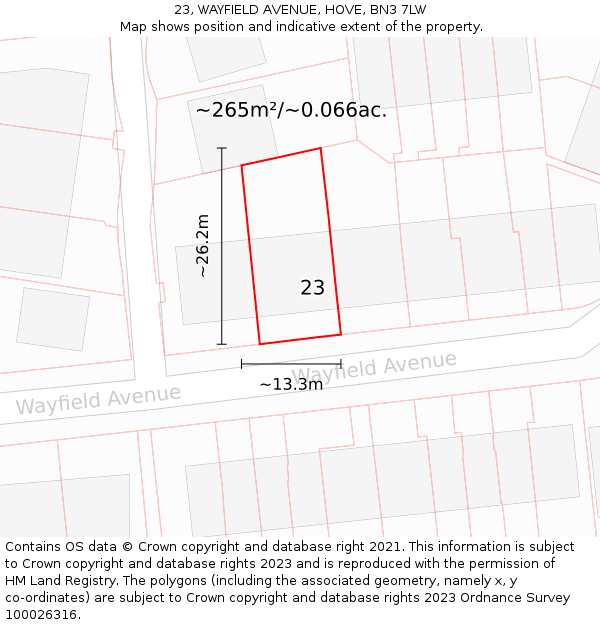 23, WAYFIELD AVENUE, HOVE, BN3 7LW: Plot and title map