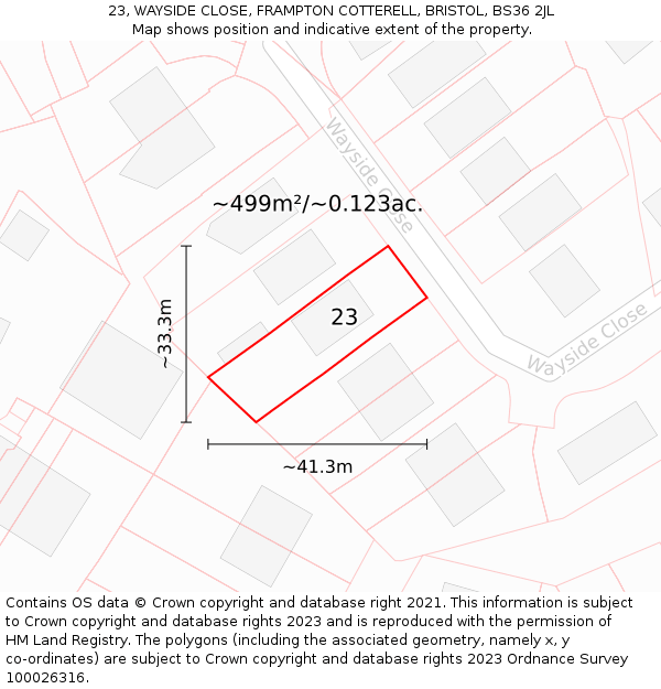23, WAYSIDE CLOSE, FRAMPTON COTTERELL, BRISTOL, BS36 2JL: Plot and title map