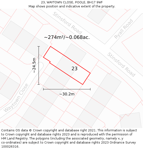 23, WAYTOWN CLOSE, POOLE, BH17 9WF: Plot and title map