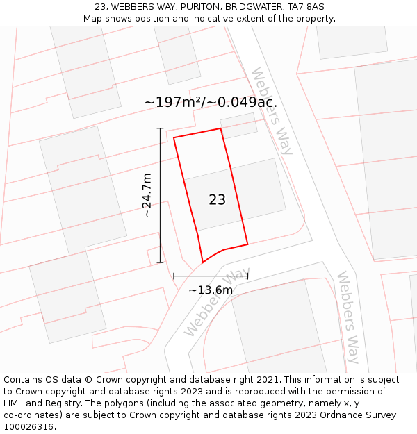 23, WEBBERS WAY, PURITON, BRIDGWATER, TA7 8AS: Plot and title map