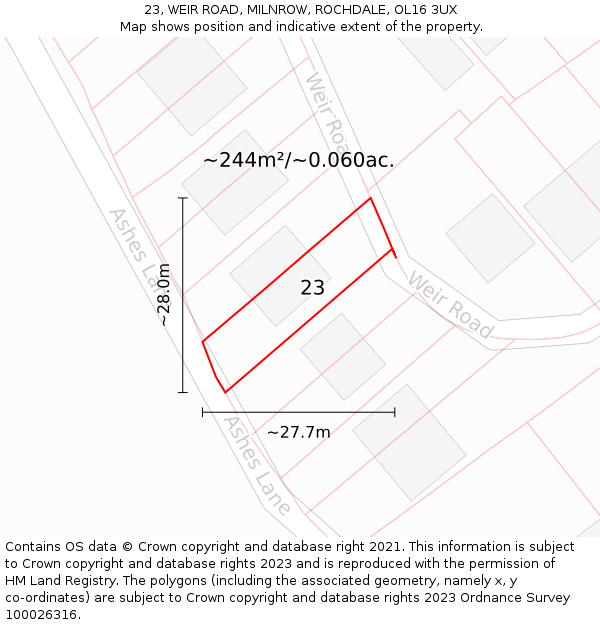 23, WEIR ROAD, MILNROW, ROCHDALE, OL16 3UX: Plot and title map