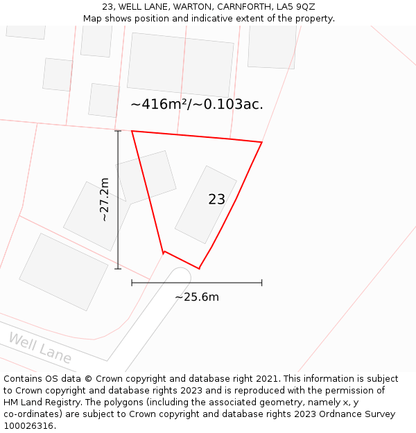 23, WELL LANE, WARTON, CARNFORTH, LA5 9QZ: Plot and title map