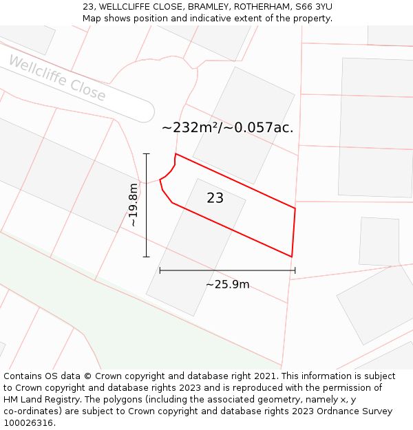 23, WELLCLIFFE CLOSE, BRAMLEY, ROTHERHAM, S66 3YU: Plot and title map