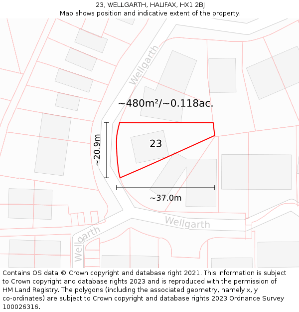 23, WELLGARTH, HALIFAX, HX1 2BJ: Plot and title map