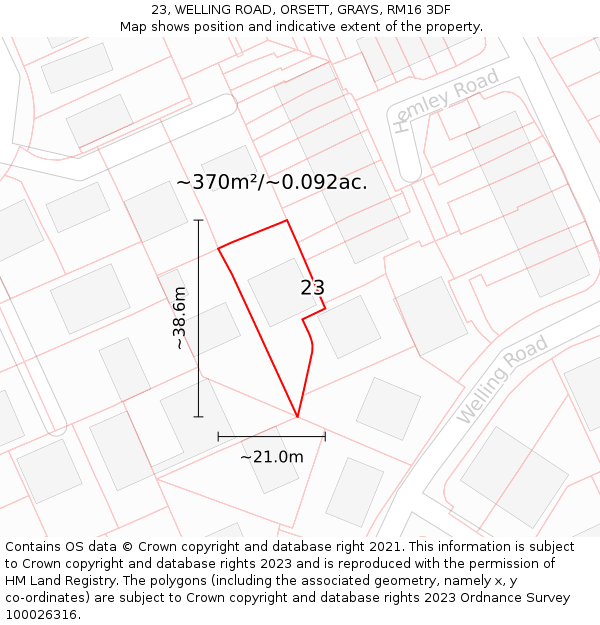 23, WELLING ROAD, ORSETT, GRAYS, RM16 3DF: Plot and title map