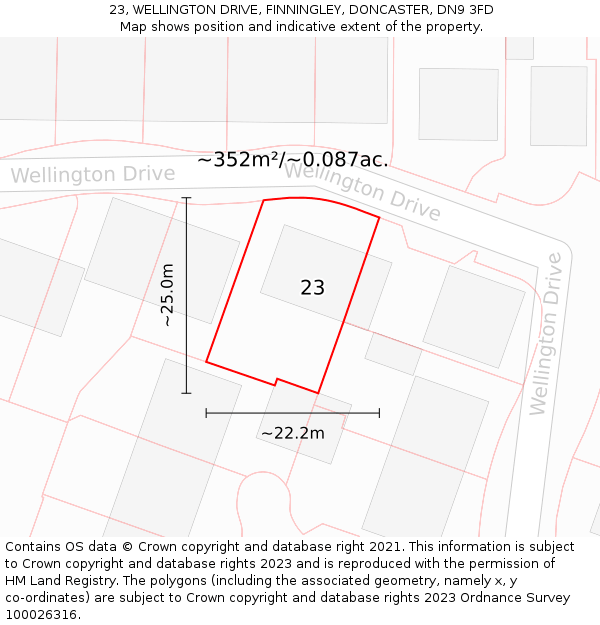 23, WELLINGTON DRIVE, FINNINGLEY, DONCASTER, DN9 3FD: Plot and title map