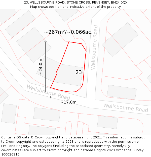 23, WELLSBOURNE ROAD, STONE CROSS, PEVENSEY, BN24 5QX: Plot and title map