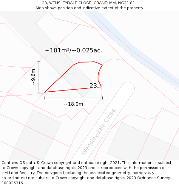 23, WENSLEYDALE CLOSE, GRANTHAM, NG31 8FH: Plot and title map