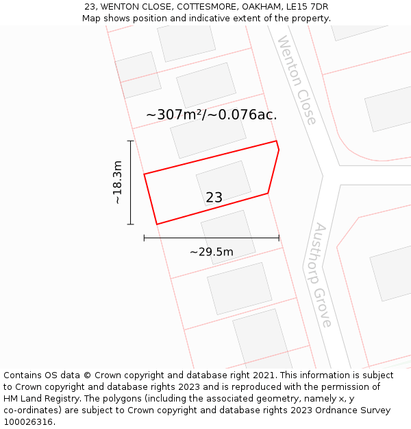 23, WENTON CLOSE, COTTESMORE, OAKHAM, LE15 7DR: Plot and title map