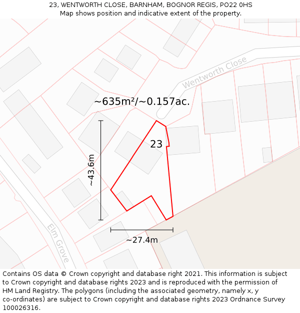 23, WENTWORTH CLOSE, BARNHAM, BOGNOR REGIS, PO22 0HS: Plot and title map