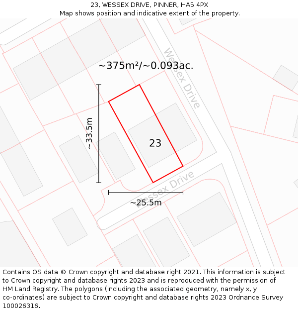 23, WESSEX DRIVE, PINNER, HA5 4PX: Plot and title map