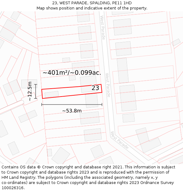 23, WEST PARADE, SPALDING, PE11 1HD: Plot and title map