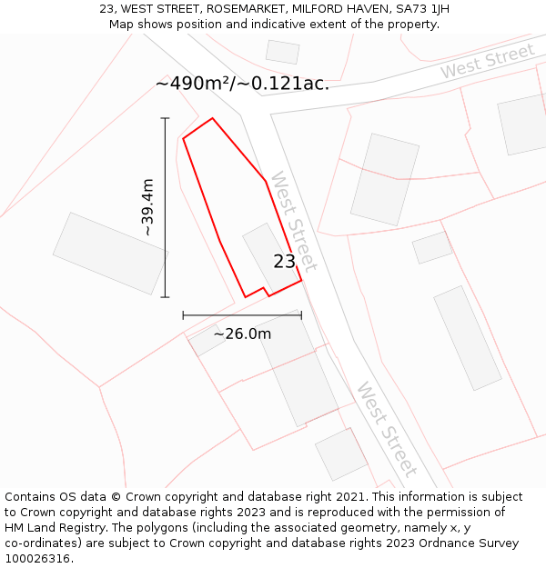 23, WEST STREET, ROSEMARKET, MILFORD HAVEN, SA73 1JH: Plot and title map