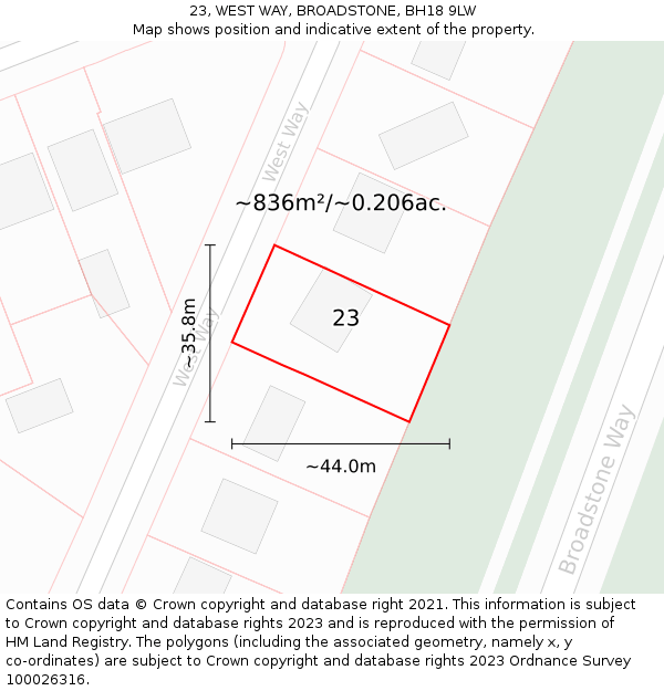 23, WEST WAY, BROADSTONE, BH18 9LW: Plot and title map