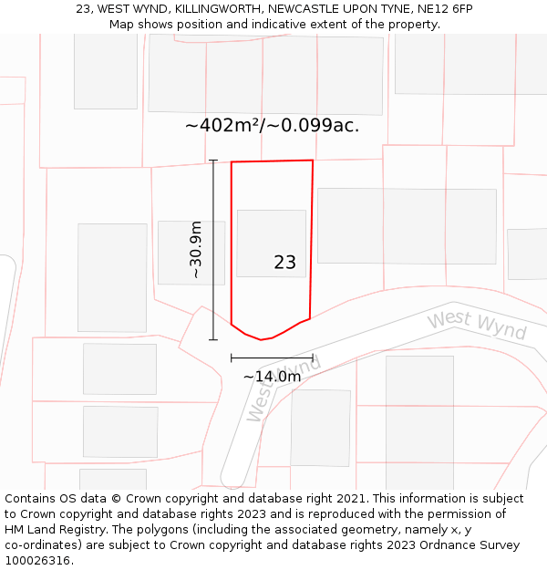 23, WEST WYND, KILLINGWORTH, NEWCASTLE UPON TYNE, NE12 6FP: Plot and title map