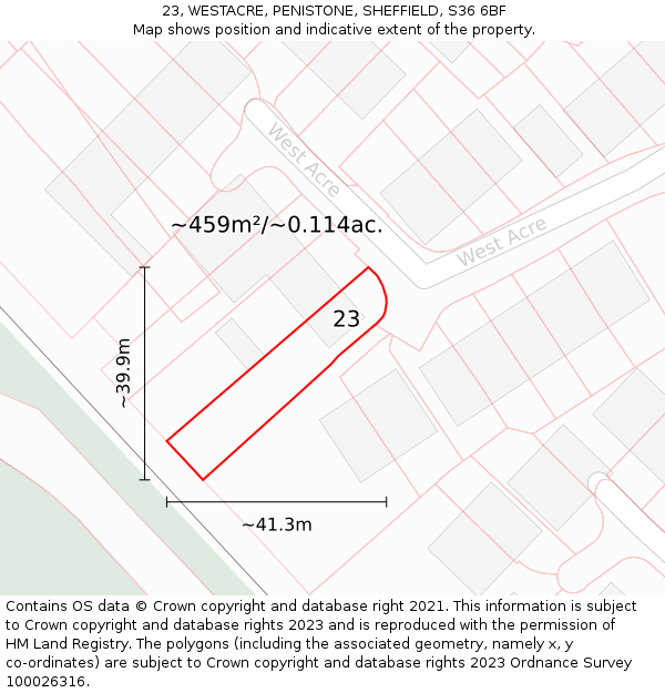 23, WESTACRE, PENISTONE, SHEFFIELD, S36 6BF: Plot and title map