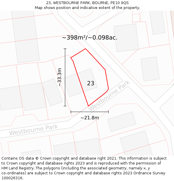 23, WESTBOURNE PARK, BOURNE, PE10 9QS: Plot and title map