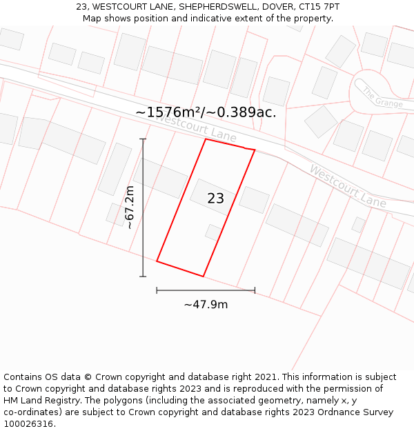 23, WESTCOURT LANE, SHEPHERDSWELL, DOVER, CT15 7PT: Plot and title map