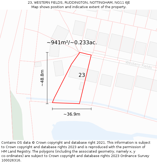 23, WESTERN FIELDS, RUDDINGTON, NOTTINGHAM, NG11 6JE: Plot and title map