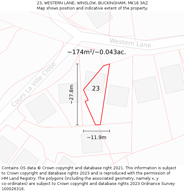 23, WESTERN LANE, WINSLOW, BUCKINGHAM, MK18 3AZ: Plot and title map