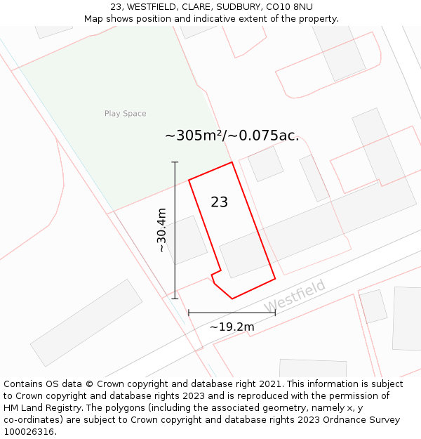 23, WESTFIELD, CLARE, SUDBURY, CO10 8NU: Plot and title map