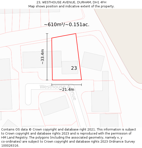23, WESTHOUSE AVENUE, DURHAM, DH1 4FH: Plot and title map