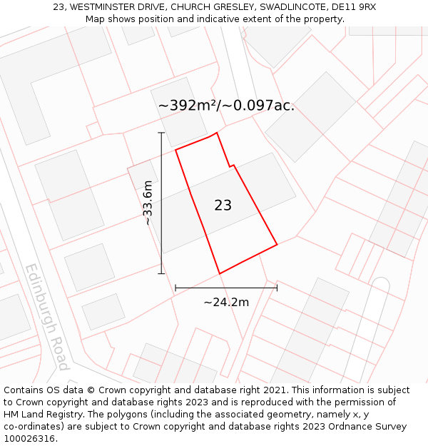 23, WESTMINSTER DRIVE, CHURCH GRESLEY, SWADLINCOTE, DE11 9RX: Plot and title map