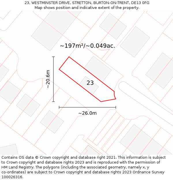 23, WESTMINSTER DRIVE, STRETTON, BURTON-ON-TRENT, DE13 0FG: Plot and title map