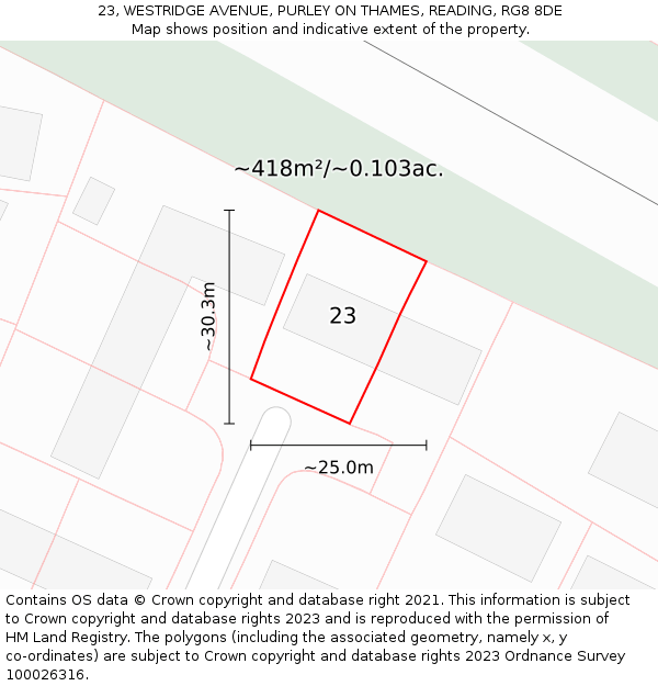 23, WESTRIDGE AVENUE, PURLEY ON THAMES, READING, RG8 8DE: Plot and title map