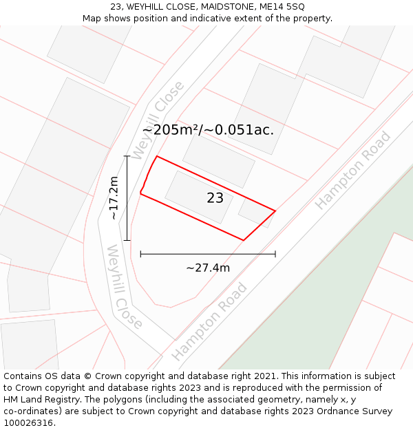 23, WEYHILL CLOSE, MAIDSTONE, ME14 5SQ: Plot and title map