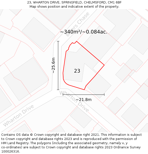 23, WHARTON DRIVE, SPRINGFIELD, CHELMSFORD, CM1 6BF: Plot and title map