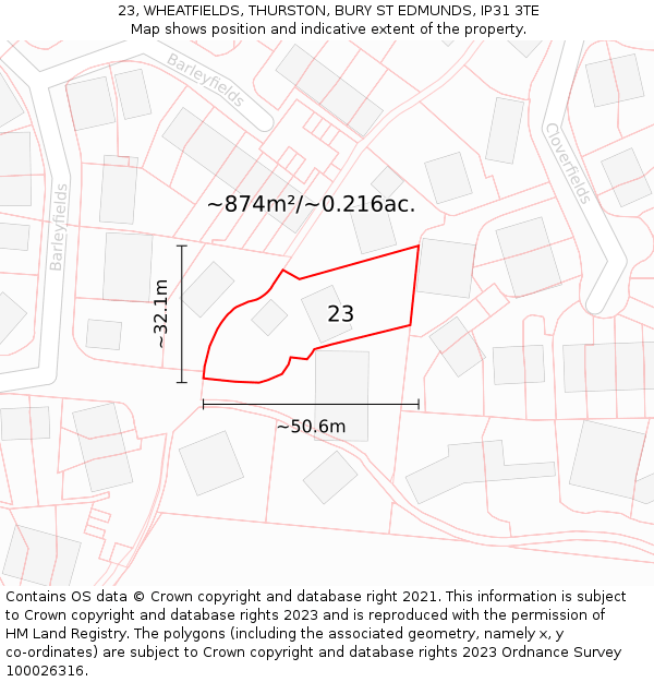 23, WHEATFIELDS, THURSTON, BURY ST EDMUNDS, IP31 3TE: Plot and title map