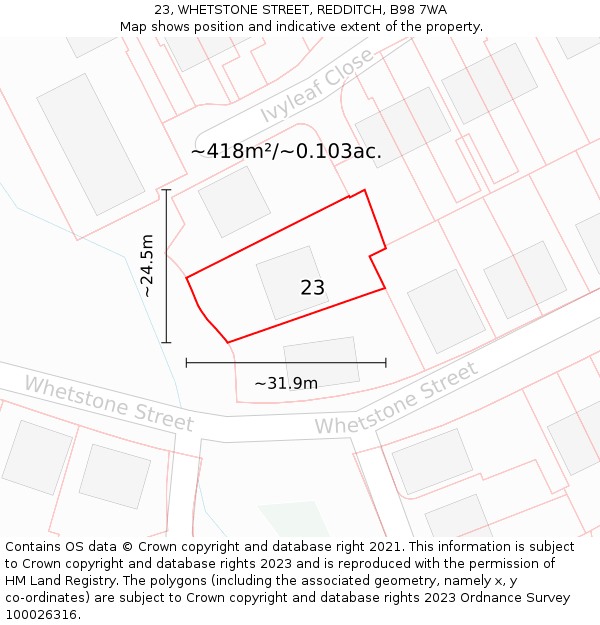 23, WHETSTONE STREET, REDDITCH, B98 7WA: Plot and title map