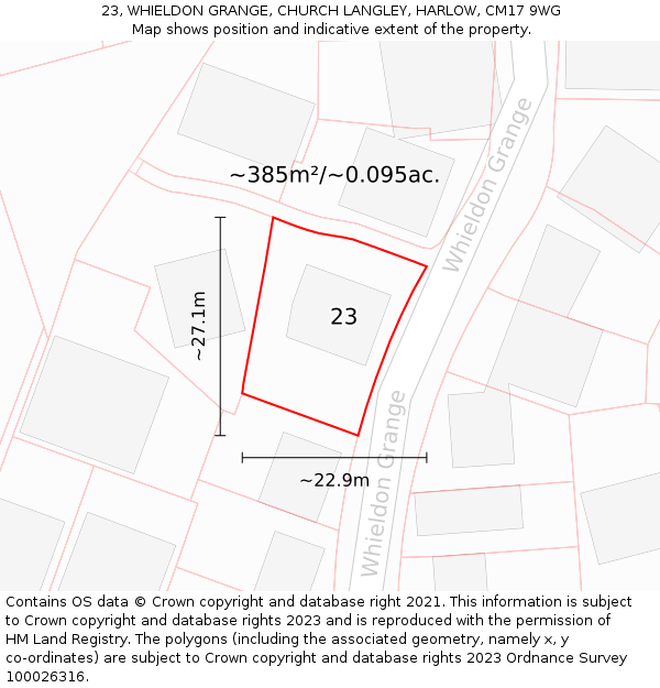 23, WHIELDON GRANGE, CHURCH LANGLEY, HARLOW, CM17 9WG: Plot and title map