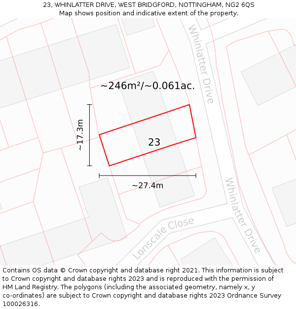 23, WHINLATTER DRIVE, WEST BRIDGFORD, NOTTINGHAM, NG2 6QS: Plot and title map