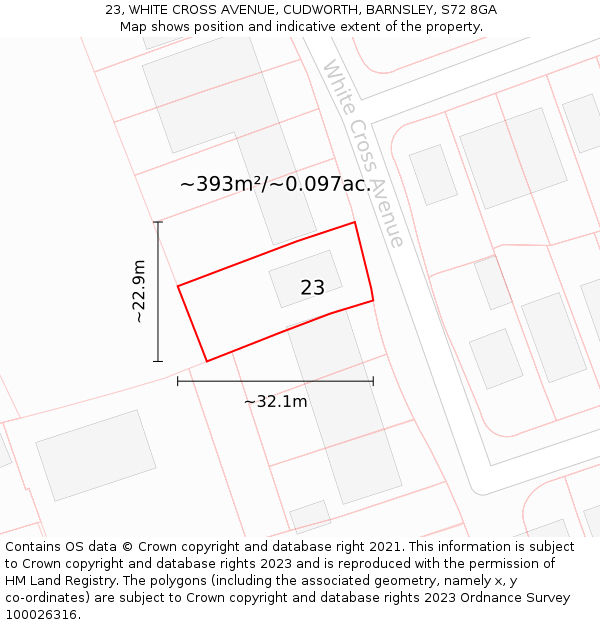 23, WHITE CROSS AVENUE, CUDWORTH, BARNSLEY, S72 8GA: Plot and title map