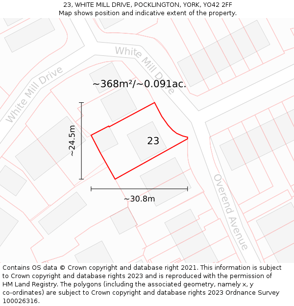 23, WHITE MILL DRIVE, POCKLINGTON, YORK, YO42 2FF: Plot and title map