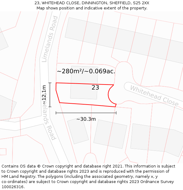 23, WHITEHEAD CLOSE, DINNINGTON, SHEFFIELD, S25 2XX: Plot and title map