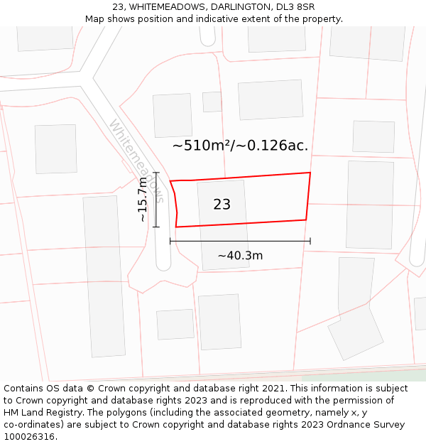 23, WHITEMEADOWS, DARLINGTON, DL3 8SR: Plot and title map