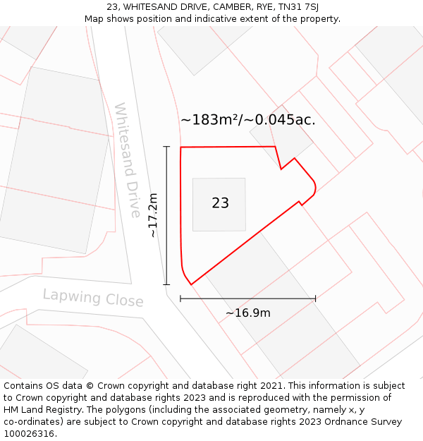 23, WHITESAND DRIVE, CAMBER, RYE, TN31 7SJ: Plot and title map