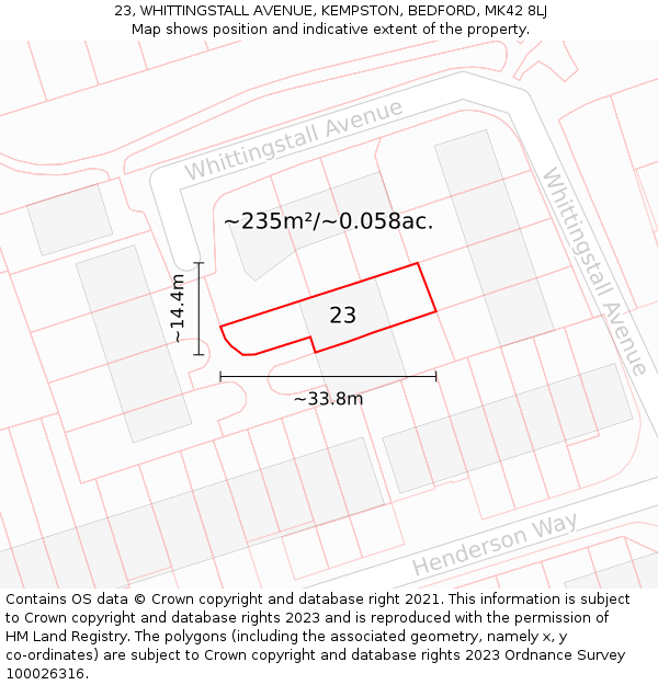 23, WHITTINGSTALL AVENUE, KEMPSTON, BEDFORD, MK42 8LJ: Plot and title map