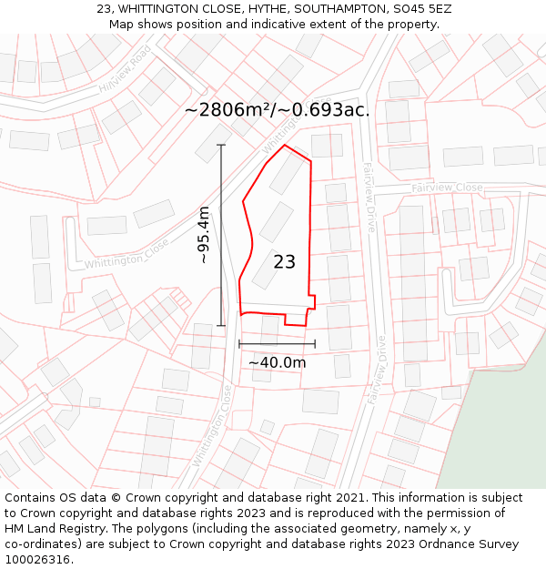 23, WHITTINGTON CLOSE, HYTHE, SOUTHAMPTON, SO45 5EZ: Plot and title map