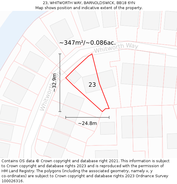 23, WHITWORTH WAY, BARNOLDSWICK, BB18 6YN: Plot and title map