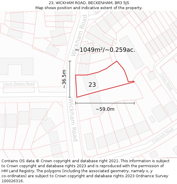 23, WICKHAM ROAD, BECKENHAM, BR3 5JS: Plot and title map