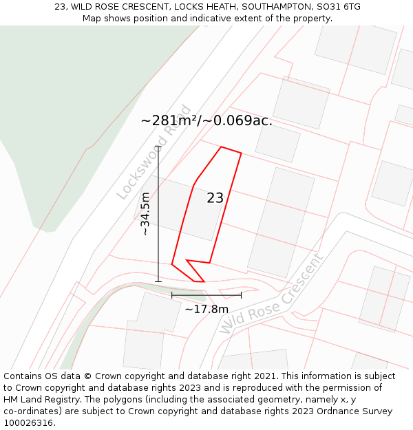 23, WILD ROSE CRESCENT, LOCKS HEATH, SOUTHAMPTON, SO31 6TG: Plot and title map